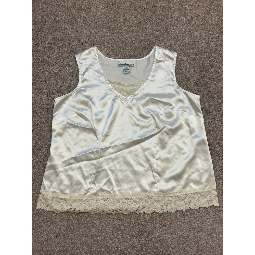 Denim 24/7 Camisole Womens 16W Ivory Excellent Satin Lace Trim Sleeveless Top